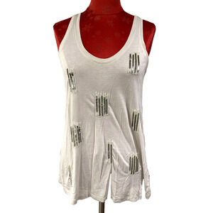 Gap Sleeveless Small Embellished Tank Top Beige Silver Sequins Boho Beachy Chic